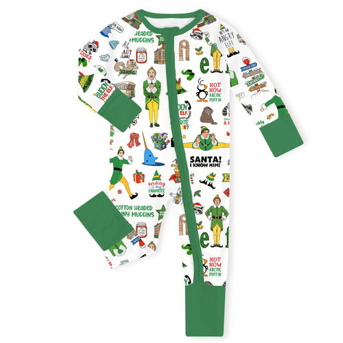 Christmas Little Green Elf Stage Baby Bamboo Zipper Romper Pajamas