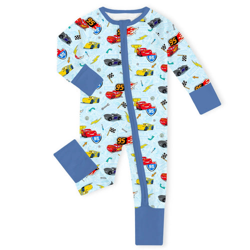 Car Champs on Ice Blue Baby Bamboo Zipper Romper Pajamas