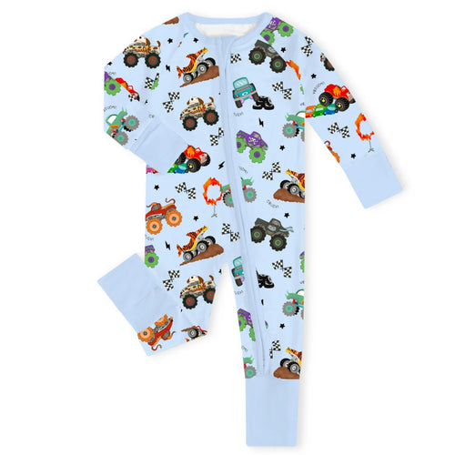 Big Wheels Truck Race Journey on Sky Blue Bamboo Zipper Romper Pajamas