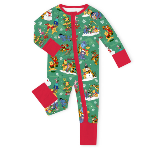 Christmas Bear and Animal Pals on Holly Green Baby Bamboo Zipper Romper Pajamas