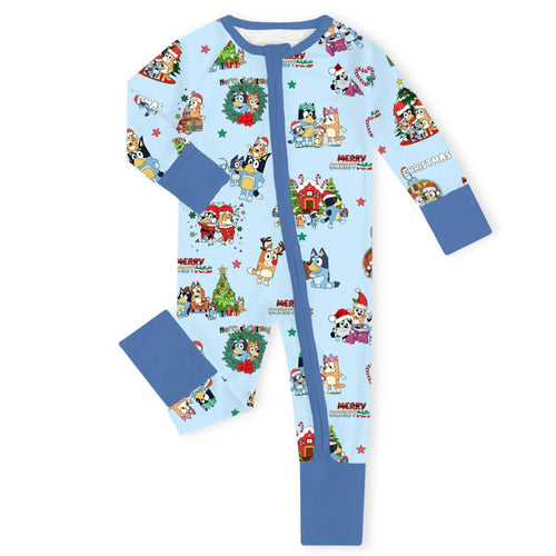 Christmas Dog Friends and Trees Gifts on Sky Blue Baby Bamboo Zipper Romper Pajamas