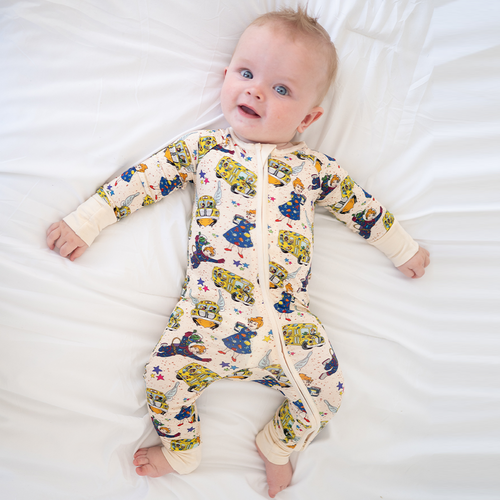 Magic Adventure School Bus Baby Bamboo Zipper Romper Pajama