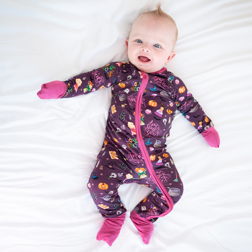 Halloween Witch Sisters Smell Children Baby Bamboo Zipper Romper Pajamas