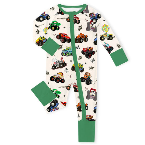 Big Wheel Truck Adventure Green Baby Bamboo Zipper Romper Pajamas