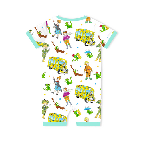 Magic Adventure School Bus Blue Baby Bamboo Short Zipper Romper Pajamas
