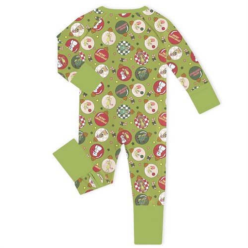Christmas Green Face Baubles Baby Bamboo Zipper Romper Pajama