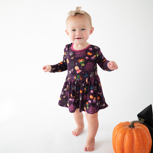 Halloween Witch Sisters Smell Children Long Sleeve Twirl Dress With Bodysuit