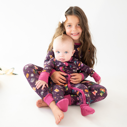Halloween Witch Sisters Smell Children Kids Bamboo Two-Piece Pajama Set