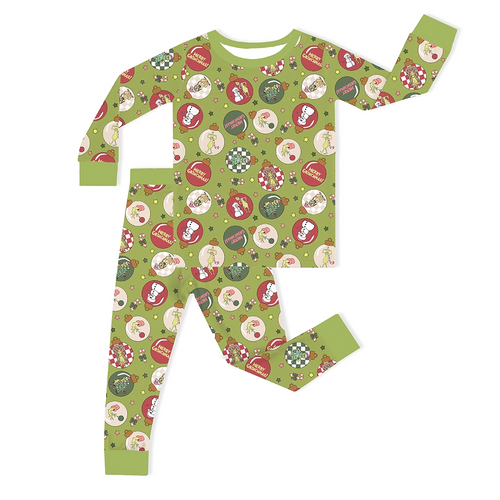 Christmas Green Face Baubles Kids Bamboo Two-Piece Pajama Set