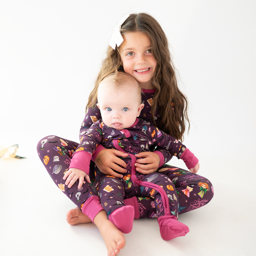 Halloween Witch Sisters Smell Children Baby Bamboo Zipper Romper Pajamas