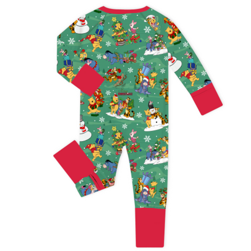 Christmas Bear and Animal Pals on Holly Green Baby Bamboo Zipper Romper Pajamas