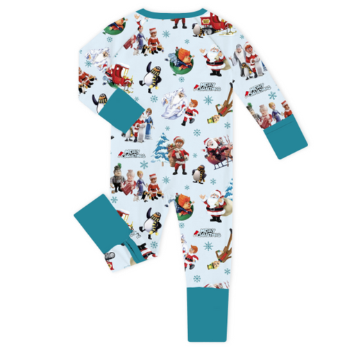 Christmas Snowy Town Santa and Friends Truck on Frost Blue Baby Bamboo Zipper Romper Pajamas