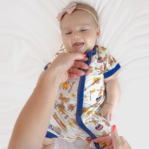 Curious Monkey White Baby Bamboo Short Zipper Romper Pajamas