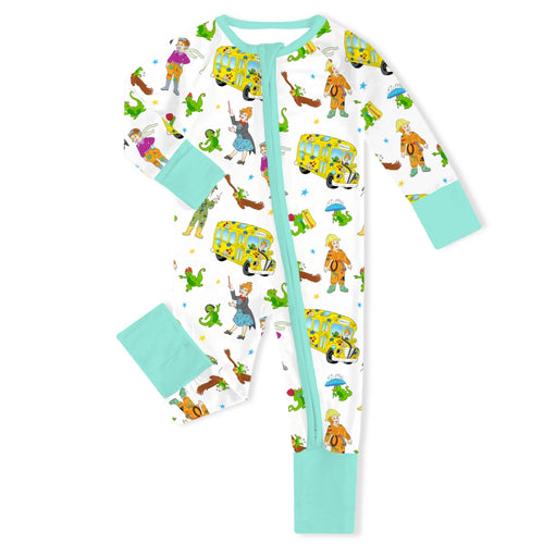 Magic Adventure School Bus Blue Baby Bamboo Zipper Romper Pajama