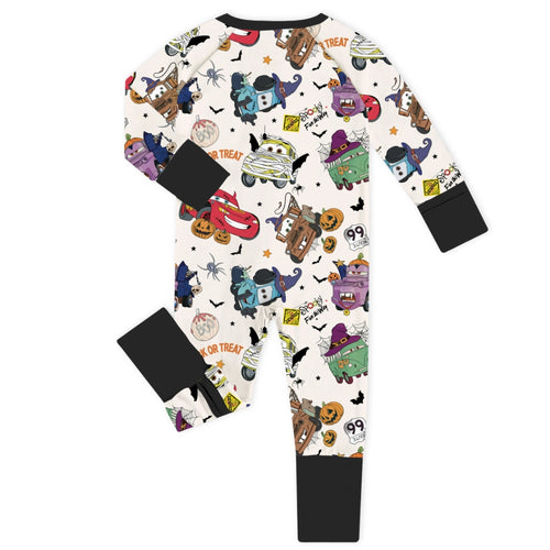Halloween Car Pumpkin White Baby Bamboo Zipper Romper Pajamas