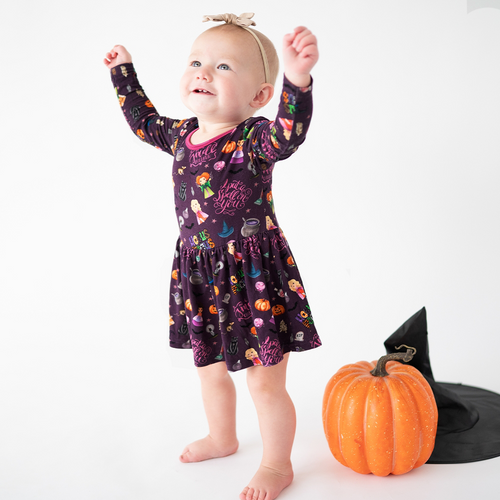 Halloween Witch Sisters Smell Children Long Sleeve Twirl Dress With Bodysuit