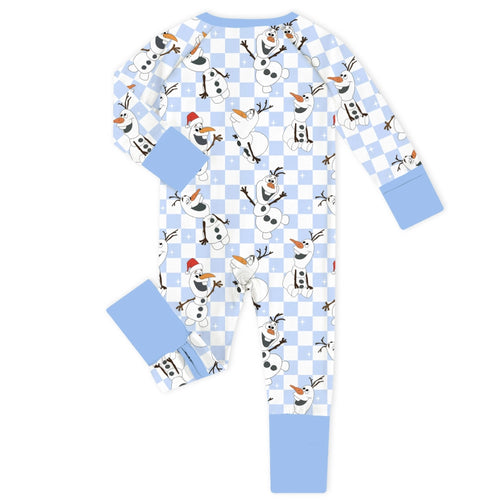 Christmas Big Face Snowman Blue Checkered Baby Bamboo Zipper Romper Pajamas