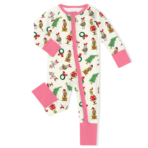 Christmas Green Face Pals and Tree Baby Bamboo Zipper Romper Pajamas