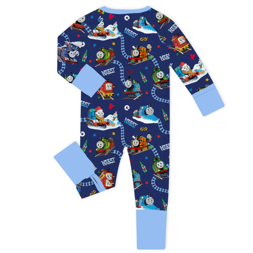 Christmas Train Tracks and Pals on Navy Blue Baby Bamboo Zipper Romper Pajamas