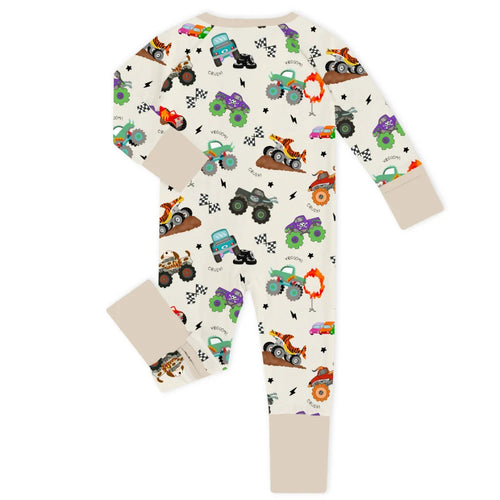 Big Wheels Truck Race Journey on Apricot Bamboo Zipper Romper Pajamas