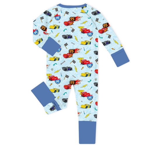 Car Champs on Ice Blue Baby Bamboo Zipper Romper Pajamas