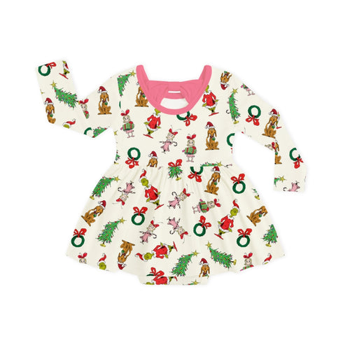 Christmas Green Face Pals and Tree Long Sleeve Twirl Dress With Bodysuit