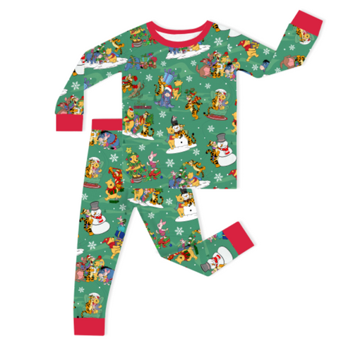 Christmas Bear and Animal Pals on Holly Green Kids Bamboo Two-Piece Pajama Set