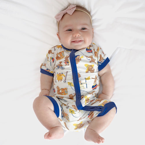 Curious Monkey White Baby Bamboo Short Zipper Romper Pajamas