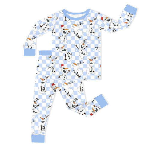Christmas Big Face Snowman Blue Checkered Kids Bamboo Two-Piece Pajama Set