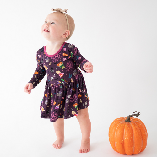Halloween Witch Sisters Smell Children Long Sleeve Twirl Dress With Bodysuit