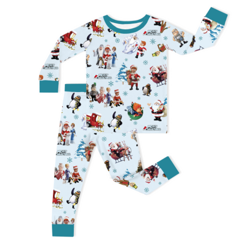 Christmas Snowy Town Santa and Friends Truck on Frost Blue Kids Bamboo Two-Piece Pajama Set