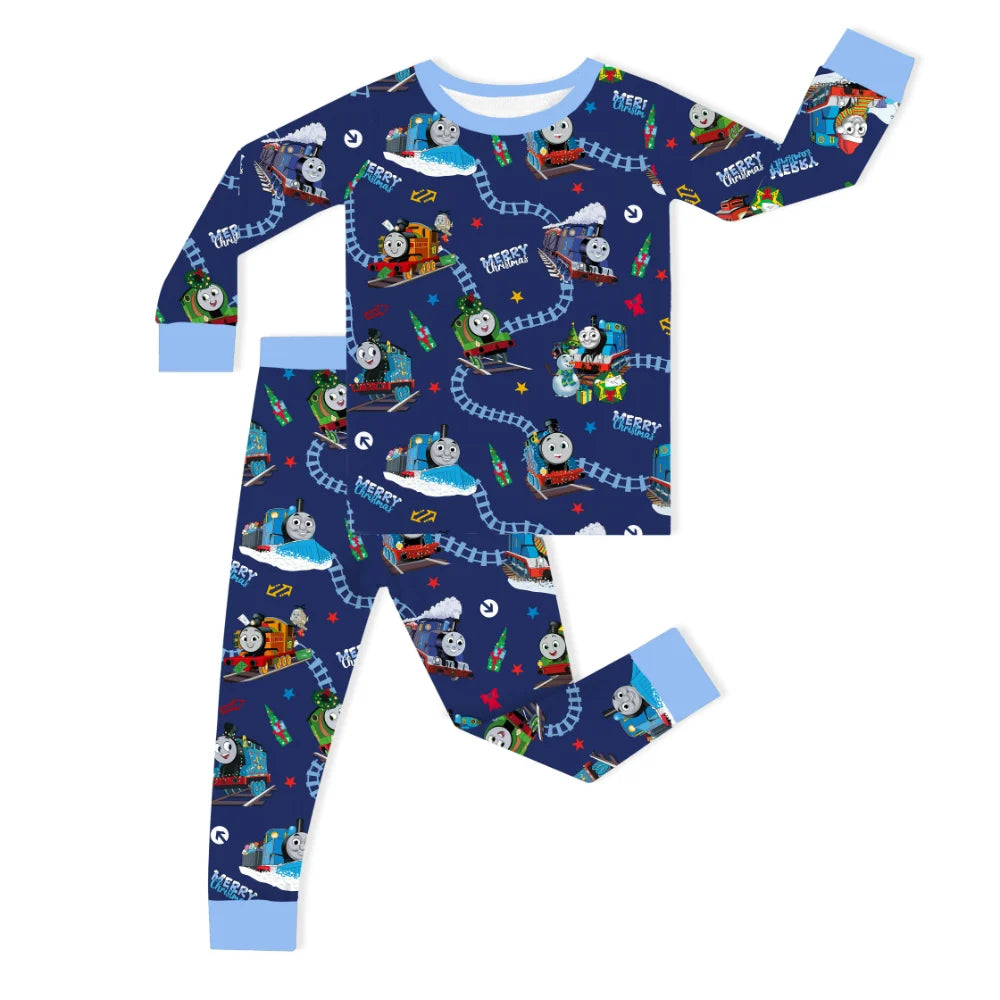 Christmas Train Tracks and Pals on Navy Blue Kids Bamboo Two-Piece Pajama  Set