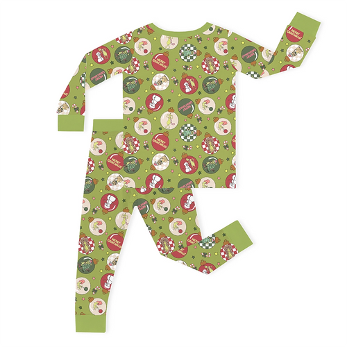 Christmas Green Face Baubles Kids Bamboo Two-Piece Pajama Set