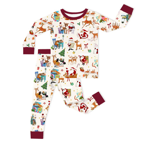 Christmas Deer and Festive Gift Parade Burgundy Kids Bamboo Two-Piece Pajama Set