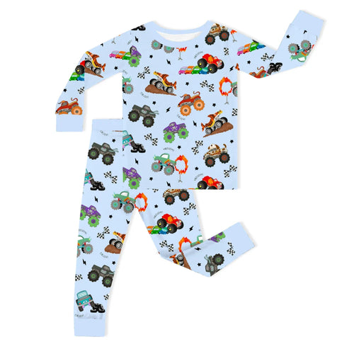 Big Wheels Truck Race Journey on Sky Blue Kids Bamboo Two-Piece Pajama Set