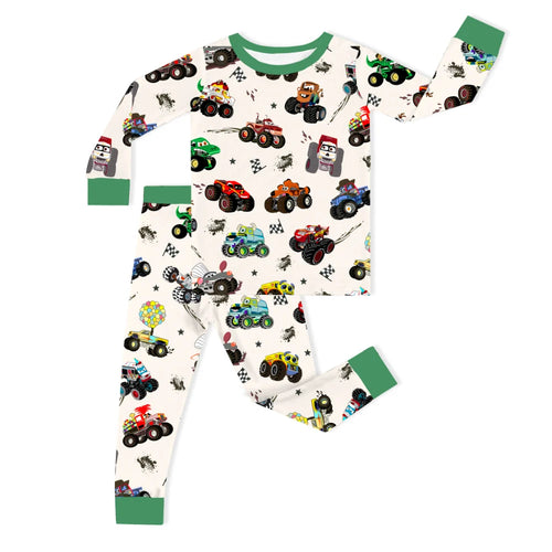 Big Wheel Truck Adventure Green Kids Bamboo Two-Piece Pajama Set