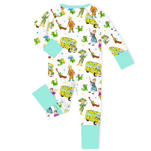 Magic Adventure School Bus Blue Baby Bamboo Zipper Romper Pajama