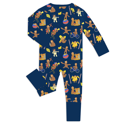 Curious Monkey Blue Baby Bamboo Zipper Romper Pajamas