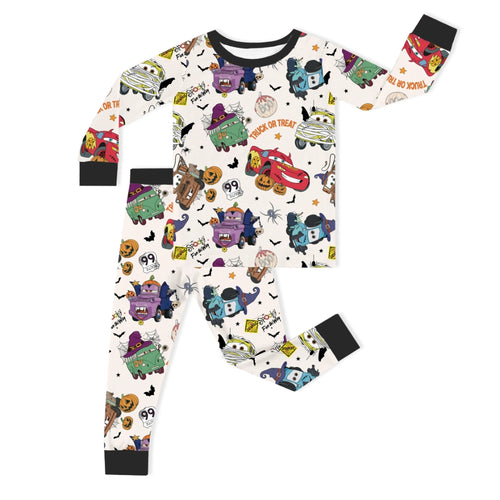 Halloween Car Pumpkin White Kids Bamboo Two-Piece Pajama Set