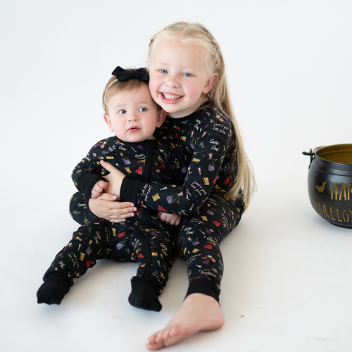 Halloween Witch Sisters Spell Baby Bamboo Zipper Romper Pajamas