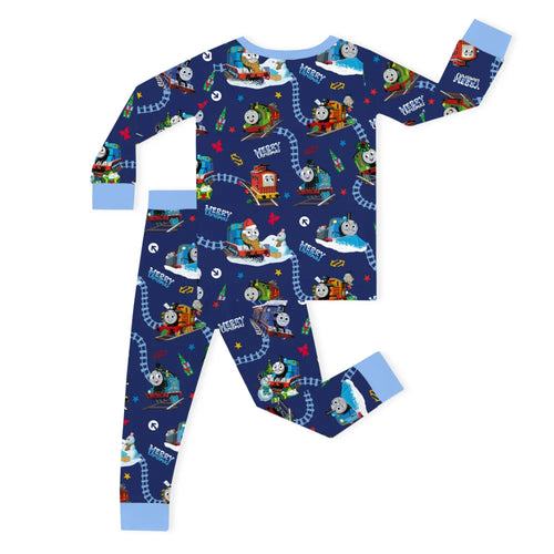 Christmas Train Tracks and Pals on Navy Blue Kids Bamboo Two-Piece Pajama Set