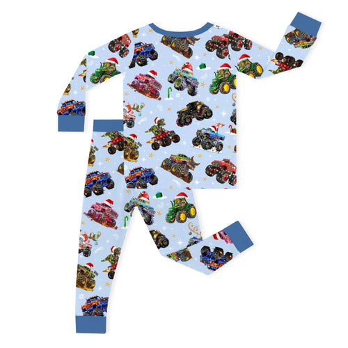 Christmas Colorful Truck Ride Game on Blue Kids Bamboo Two-Piece Pajama Set