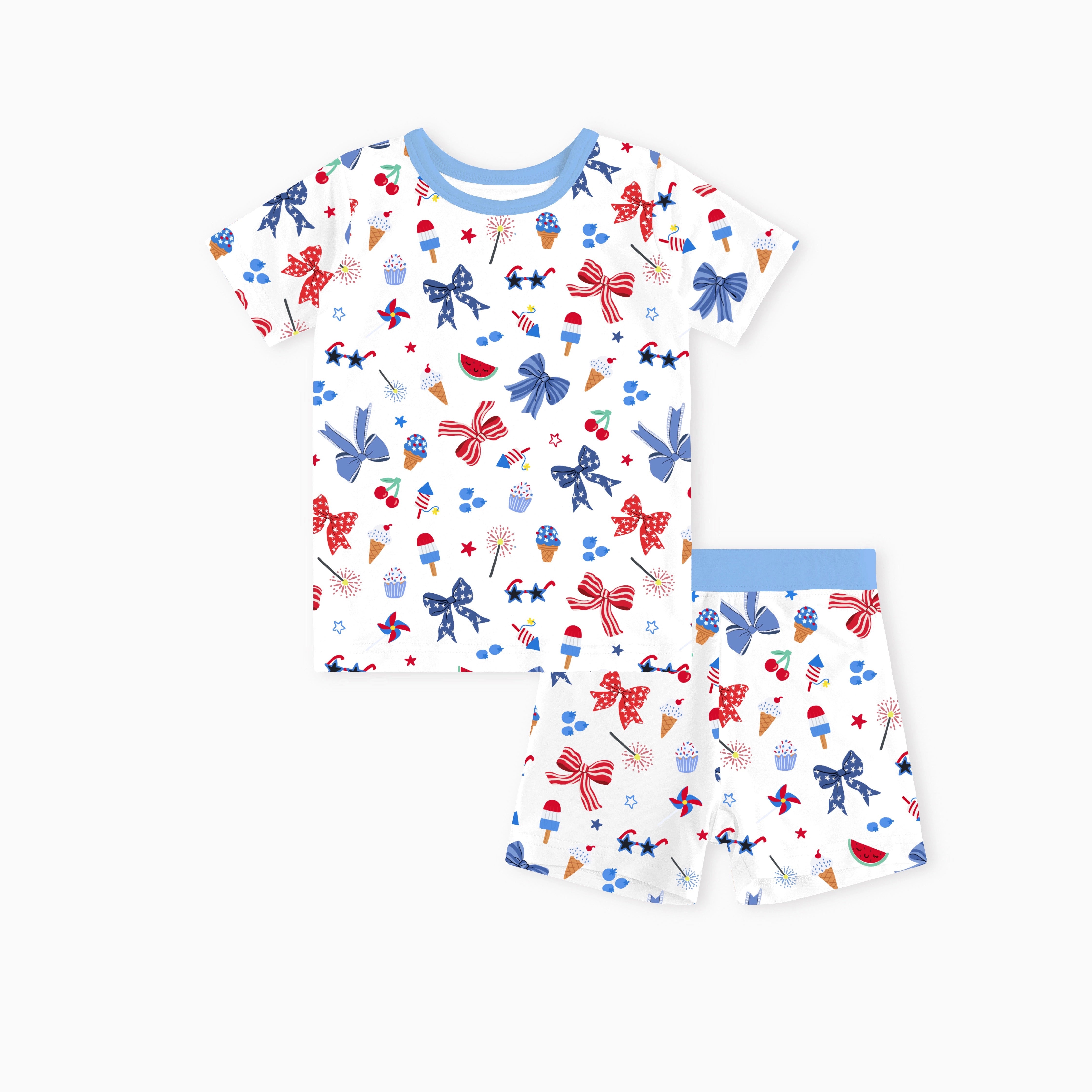 4th of July Bow Kids Bamboo Short Two-Piece Pajama Set – FancyPrince
