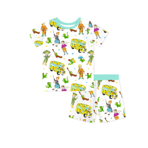 Magic Adventure School Bus Blue Kids Bamboo Short Two-Piece Pajama Set