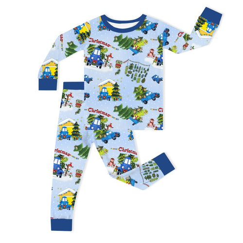Christmas Blue Car Farm Kids Bamboo Two-Piece Pajama Set
