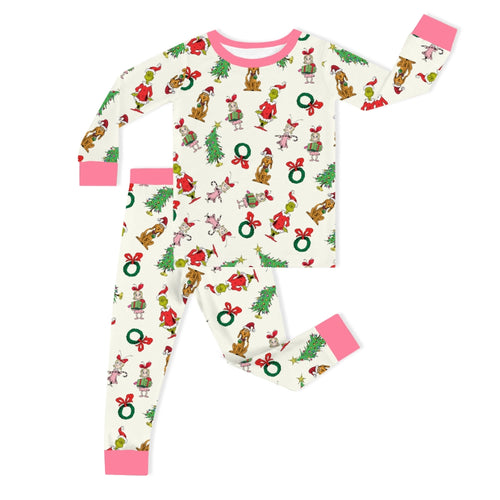 Christmas Green Face Pals and Tree Kids Bamboo Two-Piece Pajama Set