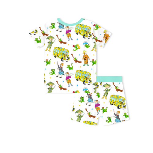 Magic Adventure School Bus Blue Kids Bamboo Short Two-Piece Pajama Set