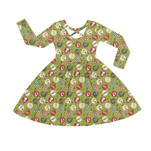 Christmas Green Face Baubles Kids Bamboo Long Sleeves Dress