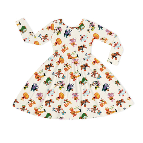 Halloween Street Furry Pals Green Kids Bamboo Long Sleeves Dress