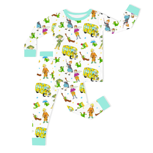Magic Adventure School Bus Blue Kids Bamboo Two-Piece Pajama Set